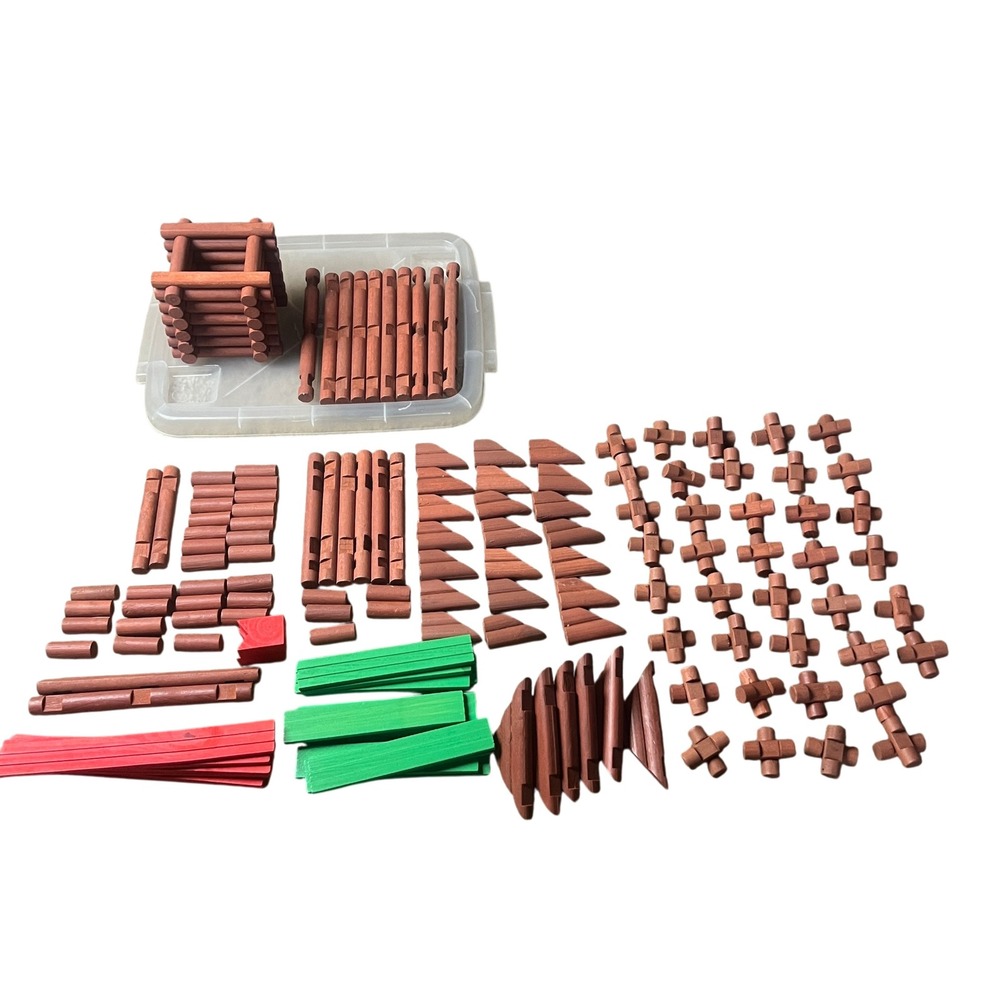 Vintage Wooden Building Log Set Interlocking Cabin Construction Toy 100+ Pieces